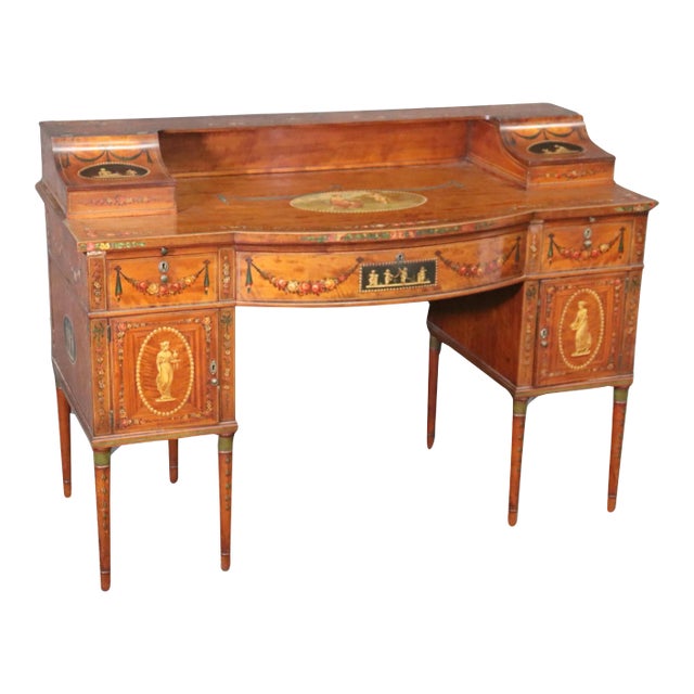 English Paint Decorated Adams Satinwood Carlton House Desk Circa 1890s For Sale