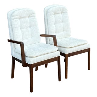 Mid Century Modern Dining Chairs in Walnut & Tufted Beige Fabric - A Pair For Sale