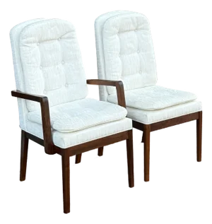 Mid Century Modern Dining Chairs in Walnut & Tufted Beige Fabric - A Pair