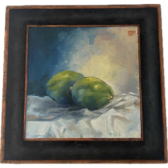 Contemporary Whitney Kreb Original Oil Still Life – “Limes on White Cloth” | Nantucket Artist, Hand-Painted Faux Mat on Board For Sale - Image 3 of 11