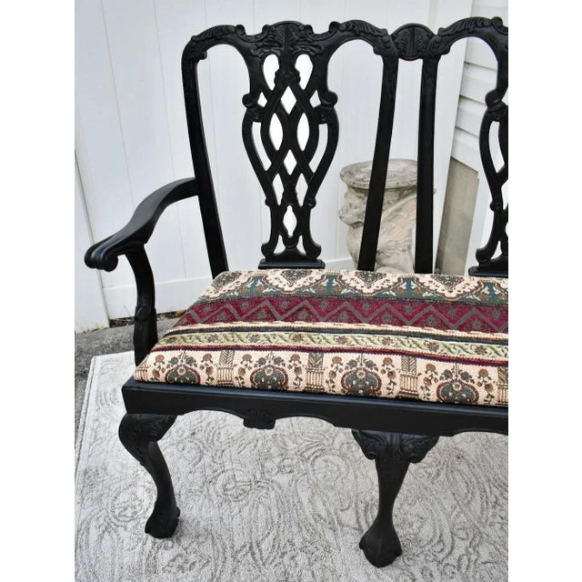 Vintage Chippendale Style Bench Settee Carved Fretwork Black Two Seater Chair For Sale In Philadelphia - Image 6 of 13