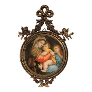 Vintage Italian Religious Print Wall Hanging With Cherub Frame For Sale