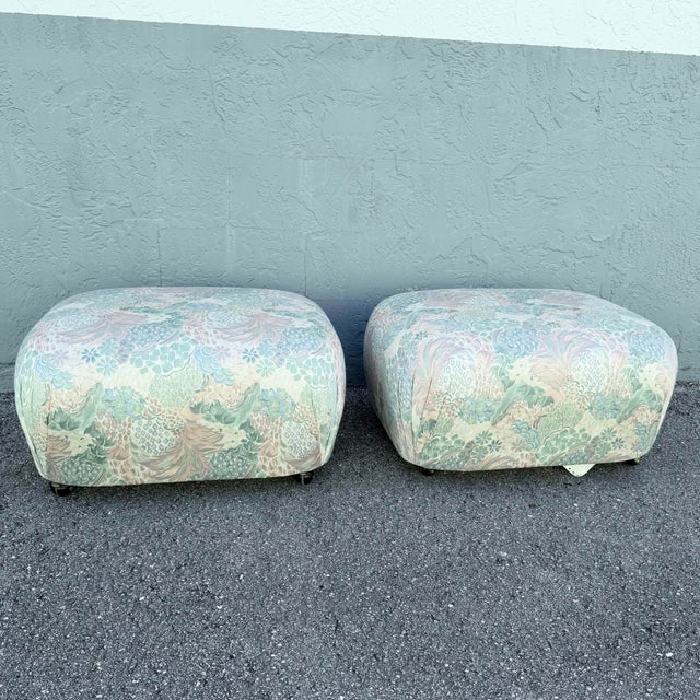 Postmodern Postmodern Multicolored Floral Fabric Pouf Ottomans - A Pair For Sale - Image 3 of 10
