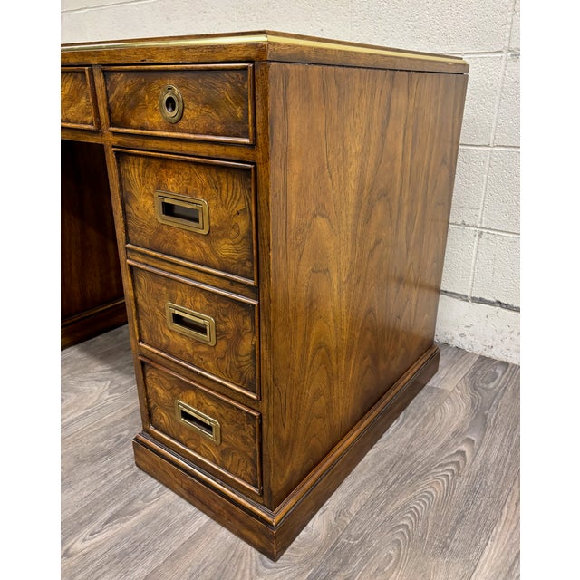 Wood Vintage Drexel Et Cetera Campaign Style Burl Wood Tooled Leather Executive Desk For Sale - Image 7 of 13