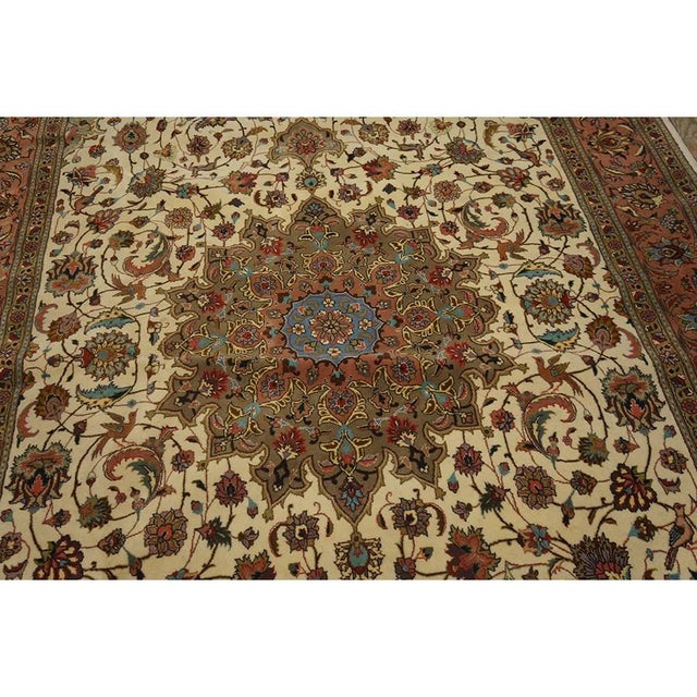 1940s Beige Mid Century Modern Medallion Tabriz Handknotted Silk Highlights Rug For Sale - Image 4 of 7