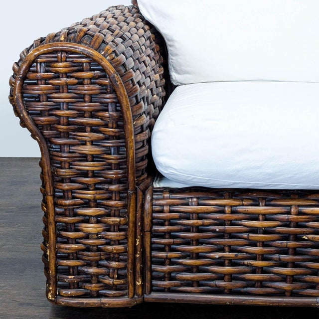Wood Ralph Lauren Woven Rattan Lounge Chair With White Cushions For Sale - Image 7 of 13