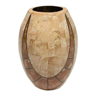 Late 20th Century Post-Modern Tessellated Marble and Travertine Egg Shaped Pillar Candle Holder For Sale