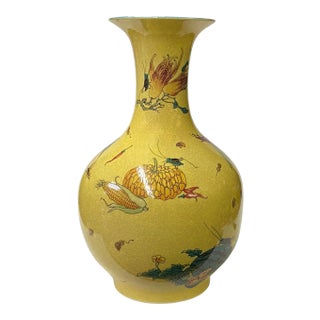 Chinese Crackle Yellow Porcelain Fruit Grasshopper Graphic Vase For Sale
