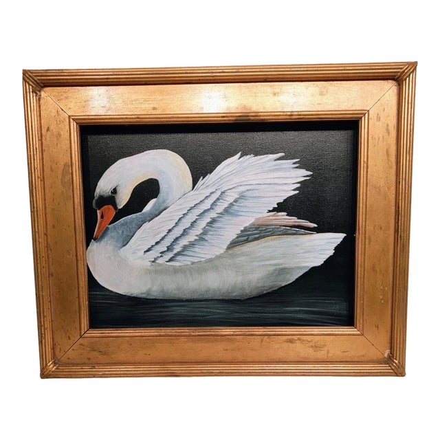 1940s Swan Oil Painting in Gilt Wood Frame - Bird Art With Gold Frame Moody Vintage Hand-Painted Wall Canvas For Sale