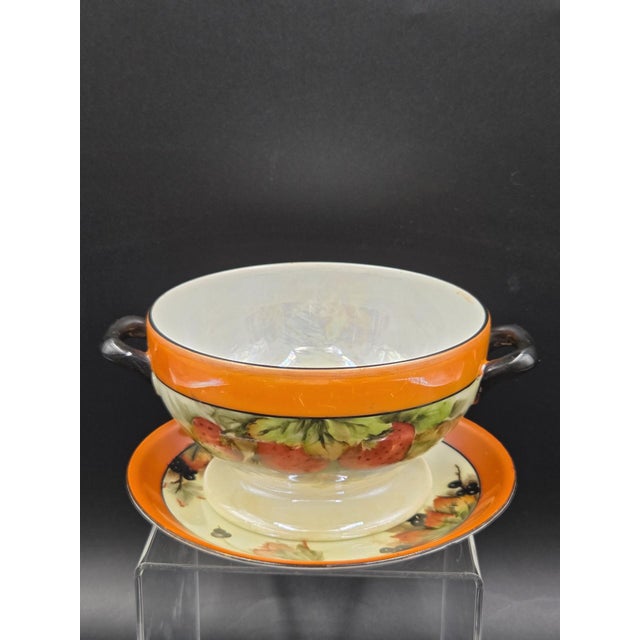 Vintage Bavarian Porcelain Bouillon Bowl & Saucer, Hand-Painted Strawberry Motif, Double-Signed Set, Opalescent Lustre, l.d. Bloch & Co. Bavaria For Sale - Image 17 of 18