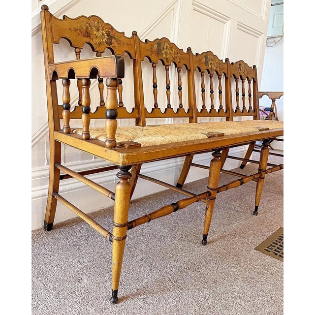 Simply gorgeous! An antique painted Rush seat bench. This bench with original paint and beautiful details is in fabulous...