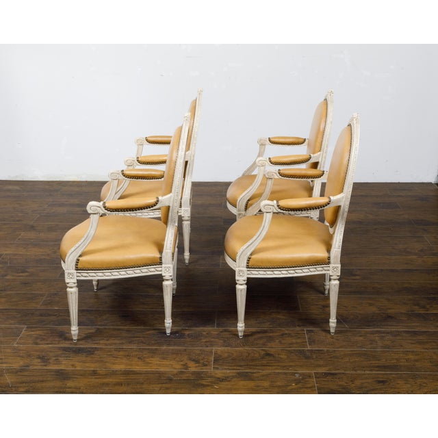 Set of Four French Louis XVI Style 1900s Oval Back Painted and Carved Armchairs For Sale - Image 12 of 12