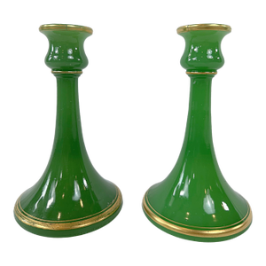Vintage Jadite and Gold Art Deco Candle Sticks - A Pair
