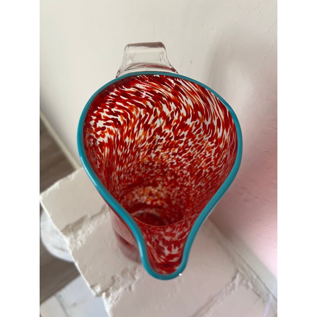 Vintage Hand-Blown Red Spatter Glass Pitcher Turquoise Rim c.1960s-1980s For Sale In San Francisco - Image 6 of 10