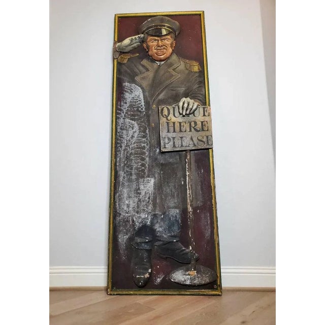 Art Deco Life-Size Art Deco Movie Theater Relief Carved Polychrome Painted Wooden Usher Fiigure Wall Panel Mural Folk Art For Sale - Image 3 of 12