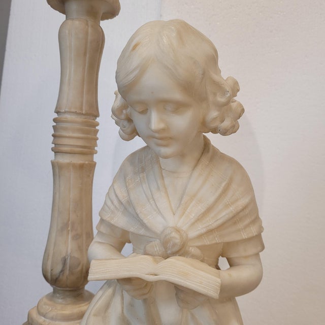 Early 20th Century Art Nouveau Girl Reading Table Lamp in Alabaster, Italy, 1920s For Sale - Image 13 of 18