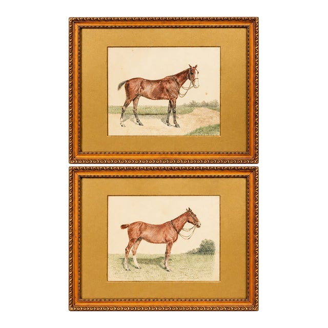 Rare Pair Antique English Horse Portraits on Silk Hand Painted Equestrian Sporting Art Home Decor For Sale