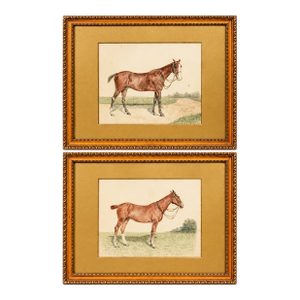 Rare Pair Antique English Horse Portraits on Silk Hand Painted Equestrian Sporting Art Home Decor