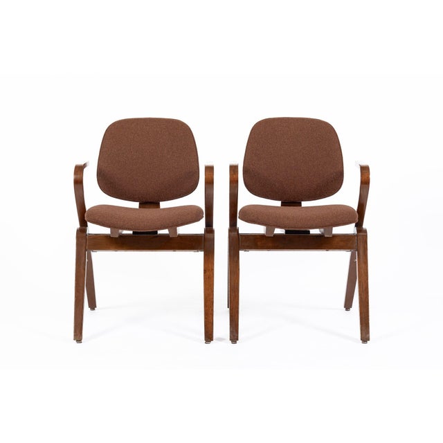 Thonet Pair Mid Century Brown Plywood Arm Chairs by Joe Atkinson for Thonet For Sale - Image 4 of 12