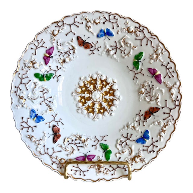 Antique Meissen Porcelain Butterfly Plate With Gilt & Raised Floral Relief, 8.5” For Sale