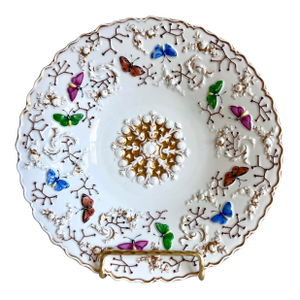 Antique Meissen Porcelain Butterfly Plate With Gilt & Raised Floral Relief, 8.5”