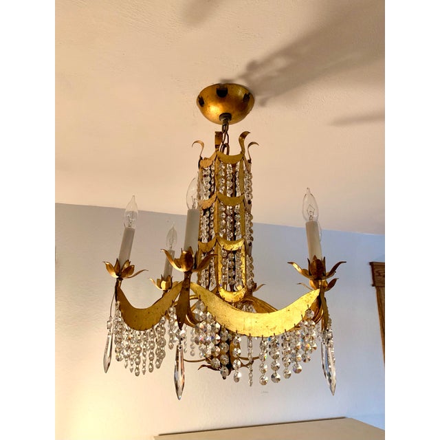 1940s Crystal Fringe Chandelier; Six Light, Hammered Brushed Brass, Glass Crystal Hollywood Regency Lighting For Sale - Image 11 of 12
