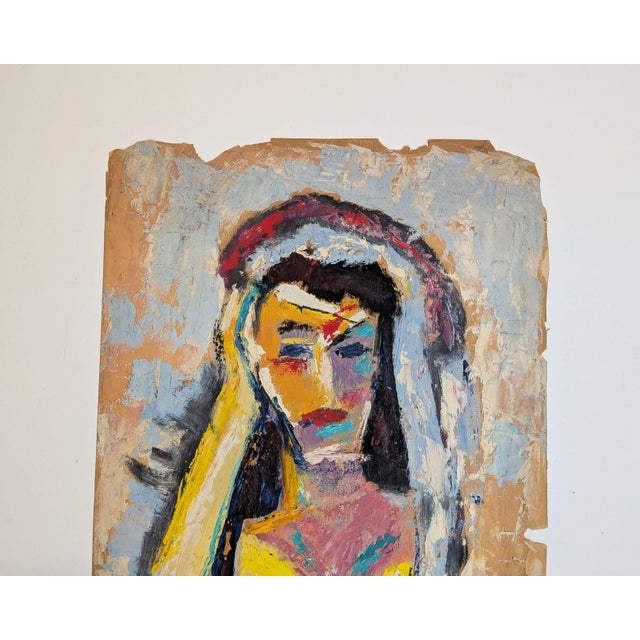 Original painting, oil on paper, a bust-length portrait of a woman in a headscarf or veil, rendered in bold, non-...