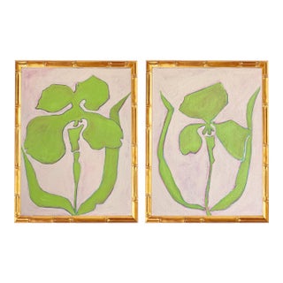 Original Framed Acrylic Botanical Painting, Organic Boho Art Floral Wall Art by Tatiana Duperault For Sale