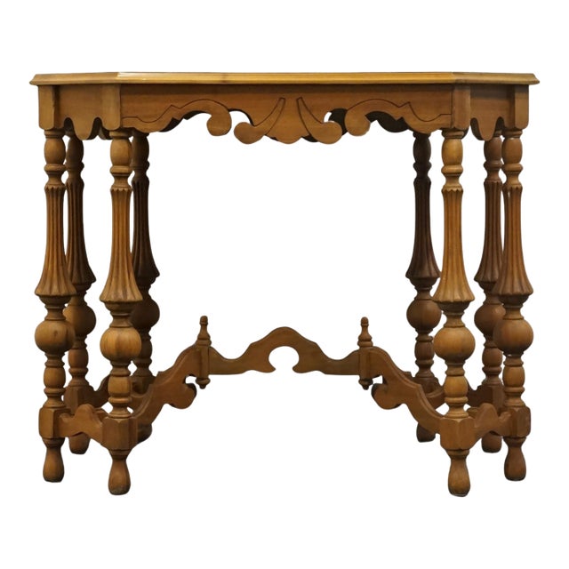 Vintage Antique Mediterranean Revival Old World Black Walnut & Pecan 36" Accent Table W. Intricate Turned Baluster Legs For Sale