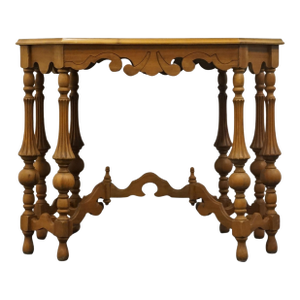 Vintage Antique Mediterranean Revival Old World Black Walnut & Pecan 36" Accent Table W. Intricate Turned Baluster Legs