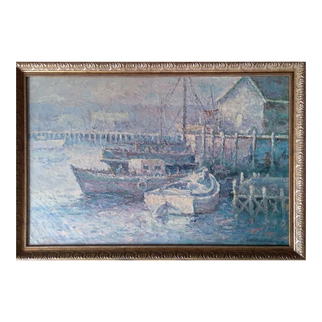 "Boats" by Warren Rollins (American Artist,1861-1962) Original Oil Painting For Sale