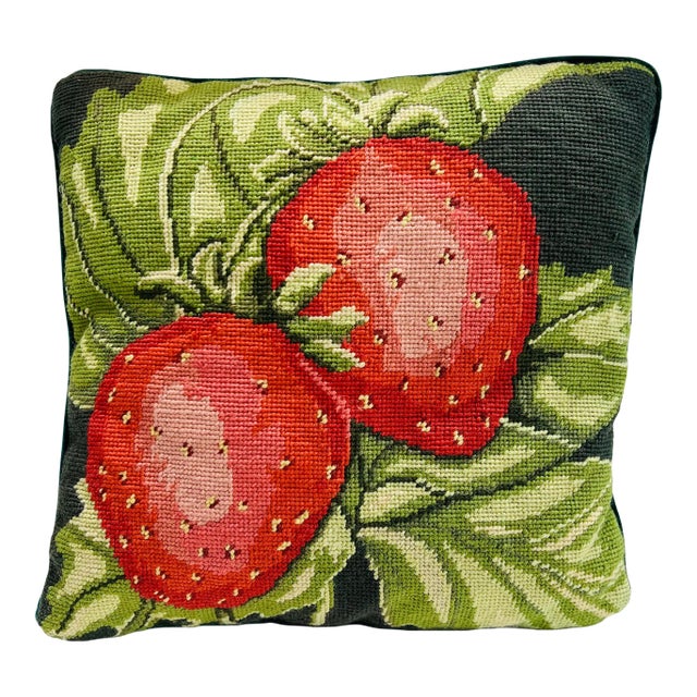 Late 20th Century Needlepoint Strawberry Pattern Pillow For Sale