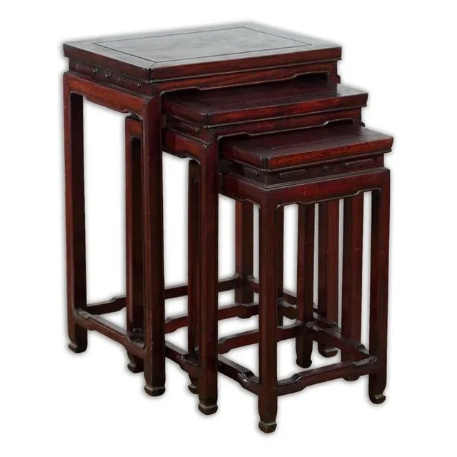 Vintage Chinese Rosewood Nesting Tables with Reddish Brown Patina - Set of 3 For Sale - Image 9 of 10