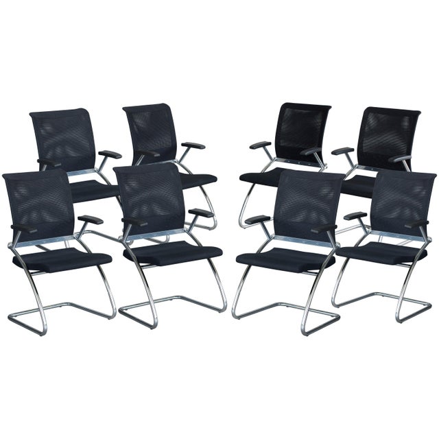 Technical Chromed Steel Desk Armchairs with Black Upholstery, 1980s, Set of 8 For Sale - Image 17 of 17