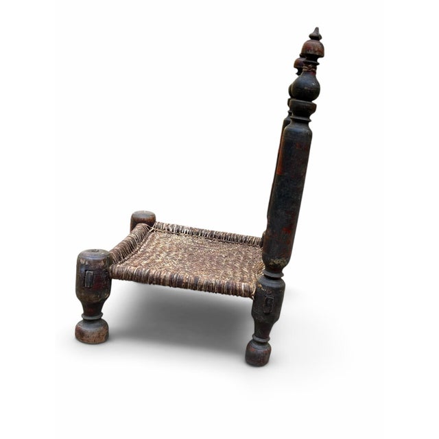 Late 19th Century Antique Afghan / Nuristani Folk Art Chair, Hand-Painted Polychrome Wood & Woven Seat For Sale - Image 5 of 12