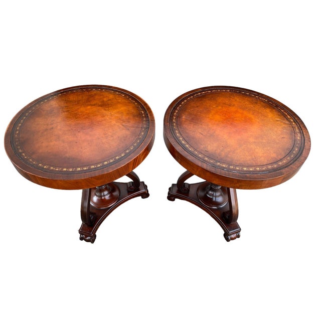 Traditional Pair of 1920s Regency Mahogany Leather Top Lamp Accent Tables For Sale - Image 3 of 12