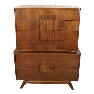 Mid 20th Century Modern Walnut Highboy Dresser With Burl Handles For Sale