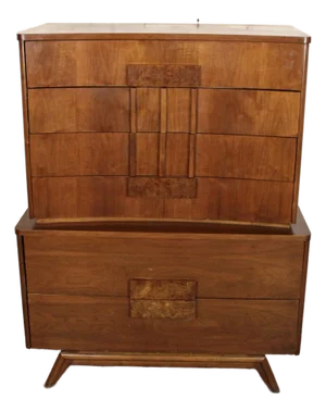 Mid 20th Century Modern Walnut Highboy Dresser With Burl Handles