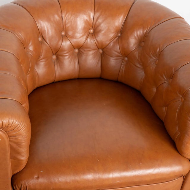 Brown Pair, Vintage Brown Leather Barrel Back Arm Chairs, Denmark Circa 1940 For Sale - Image 8 of 13