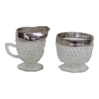 Indiana Diamond Point Creamer Sugar Bowl Set Clear Glass Silver Tone Rim 4538b For Sale
