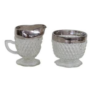 Mid 20th Century Indiana Diamond Point Creamer Sugar Bowl Set Clear Glass Silver Tone Rim 4538b