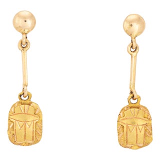 Vintage Egyptian Revival Scarab Earrings 1" Drops 14k Yellow Gold Fine Jewelry, Pair For Sale
