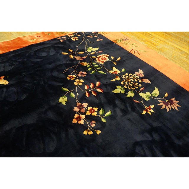 Navy Blue 1920s Navy Blue Floral Minimalist Antique Chinese Art Deco Wool Rug 9' 8" X 14' For Sale - Image 8 of 8