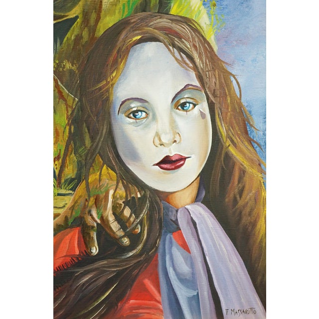 Francesco Massarutto, Little Girl Made Up by Pierrot and a Faun, 20th Century, Oil Painting on Canvas, Framed For Sale - Image 3 of 15