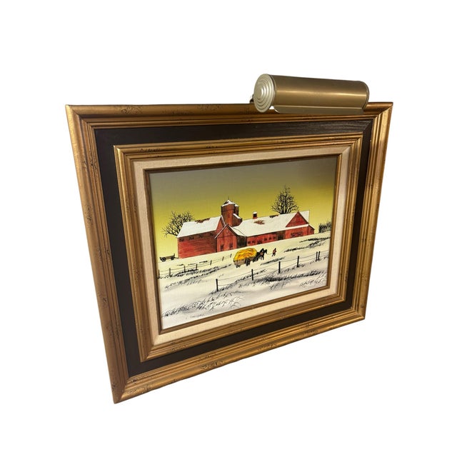 Wood Signed H. Hargrove Winter Farm Landscape Oil Painting With Attached Gallery Light For Sale - Image 7 of 9
