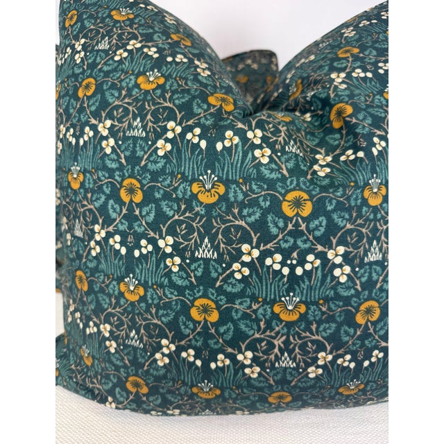 Custom pair of 22" pillows covered in Morris & Co "Eyebright" in color teal. These pillows are self welted, have tapered...
