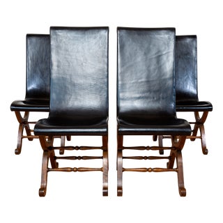 Mid-Century Neo-Classical Spanish Black Leather and Oak Dining Chairs by Pierre Lottier for Valmazan, 1960s, Set of 4 For Sale