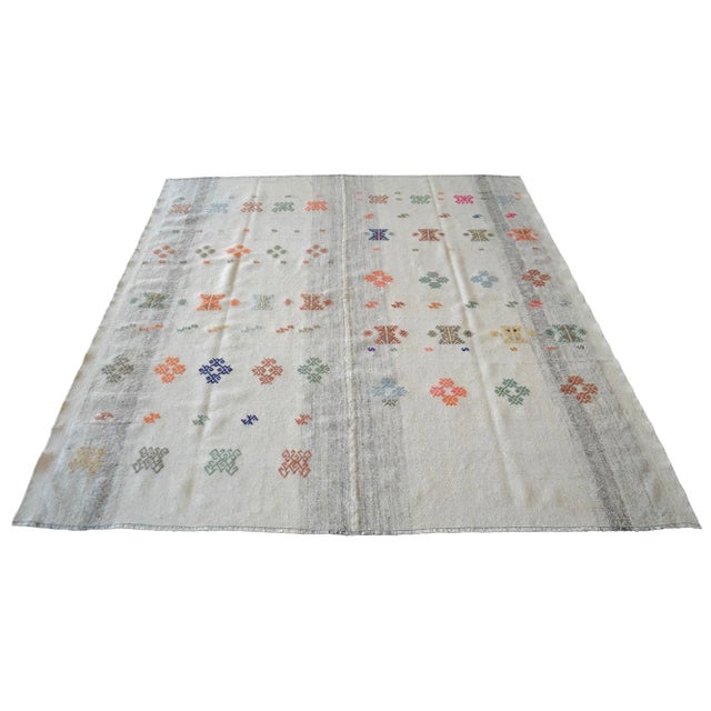 1950s Exceptional Vintage 1950s Turkish Rug Kilim With Jajim Embroidered Handmade Kilim 5'10" X 6'9" For Sale - Image 5 of 11
