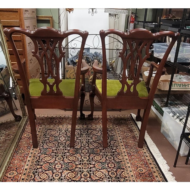Pair Fine Vintage 1940s Chippendale Arm Chairs in Velvet For Sale - Image 4 of 9