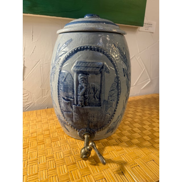 Blue Antique Blue Salt Glazed Stoneware Water Crock With Scene For Sale - Image 8 of 11